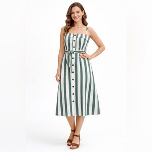 Striped Green and White Button-Front Midi Dress with Tie Waist